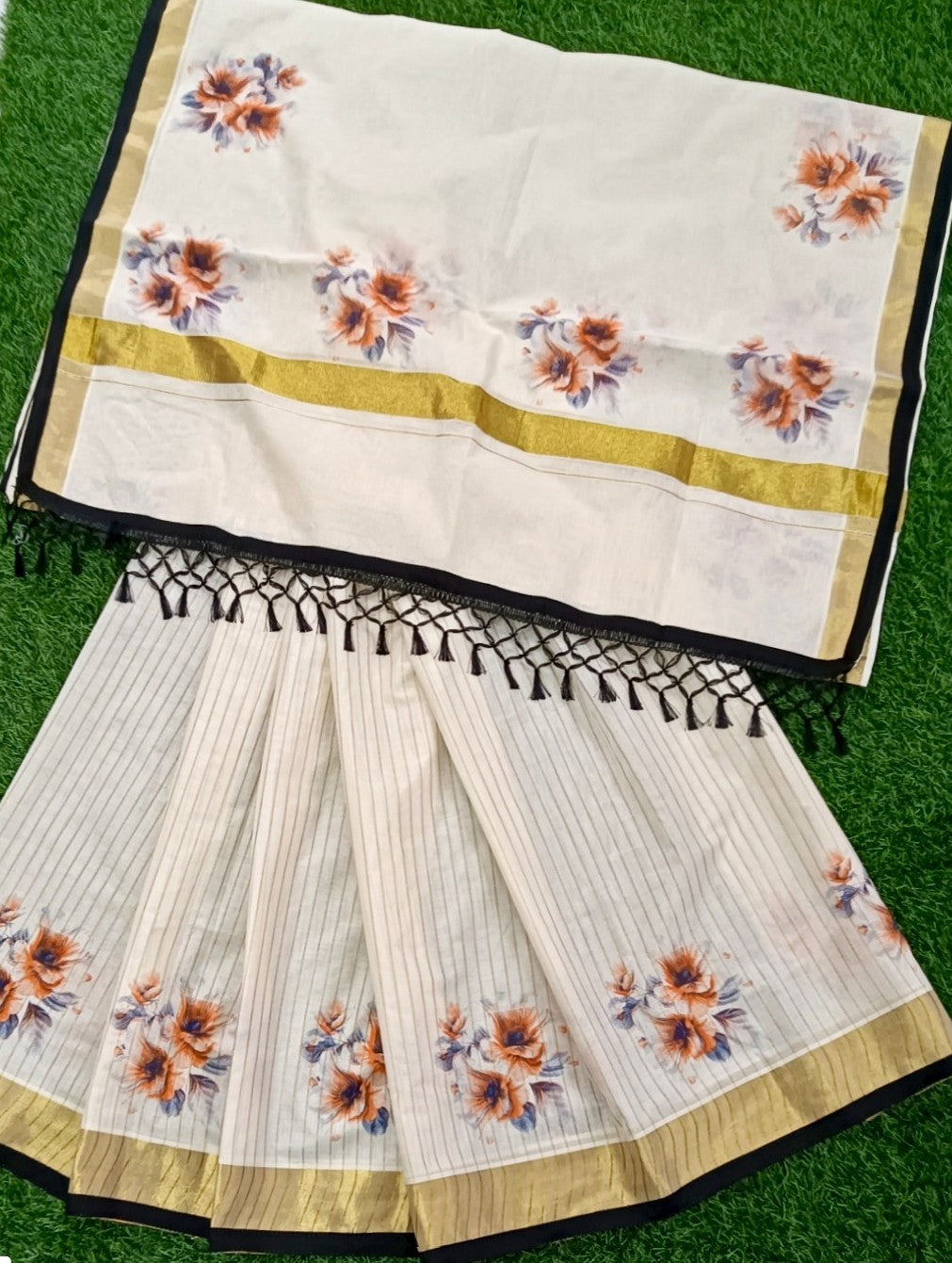 Cotton Full Body Lines Flower Print Dhavani Set