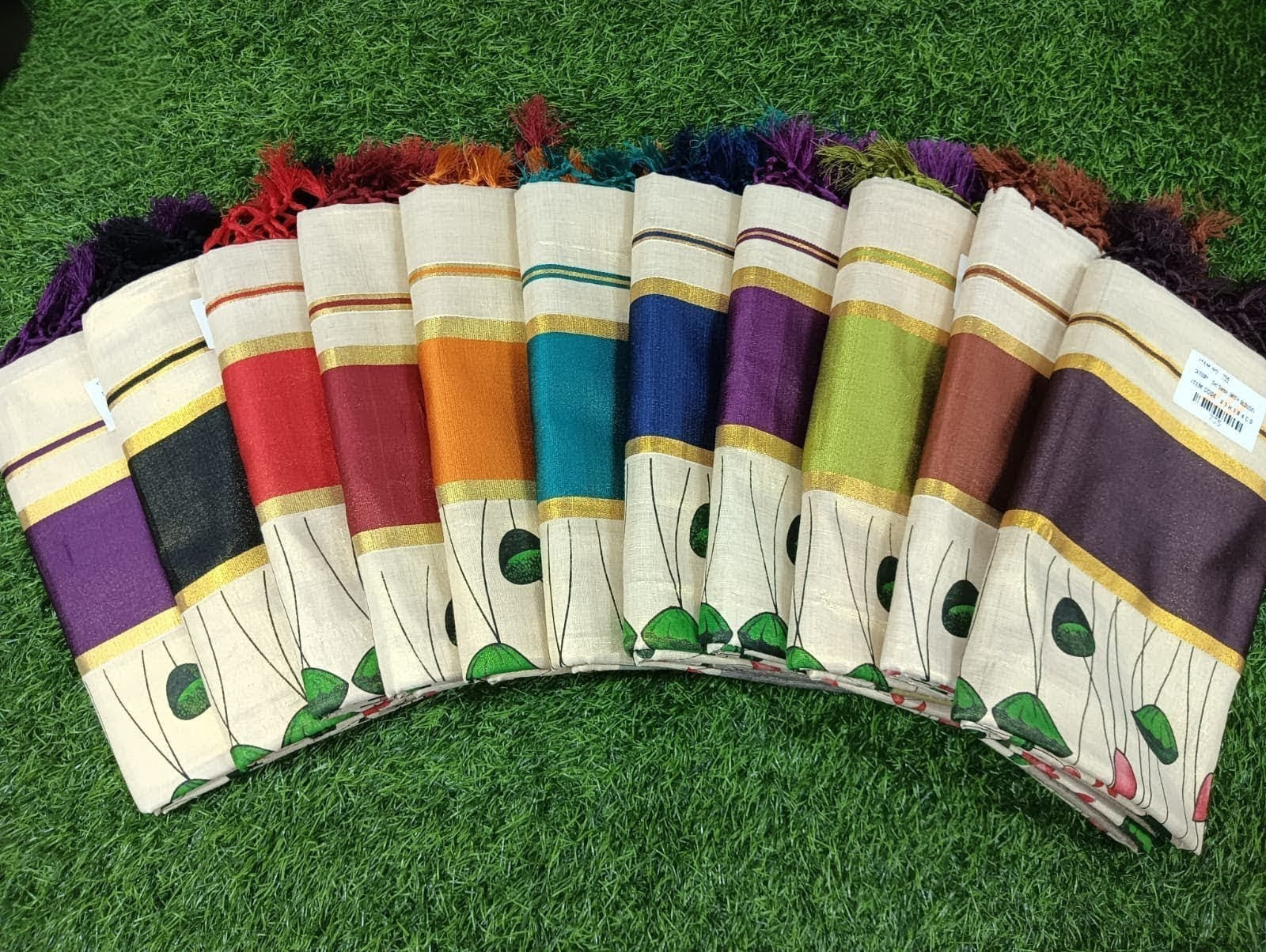 Tissue Colour Border Lotus Printed Saree With Tassels